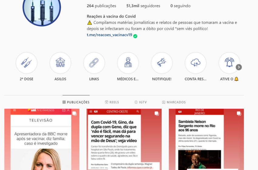  Perfil no instagram utiliza matérias jornalísticas fora de contexto para questionar eficácia das vacinas contra a COVID-19