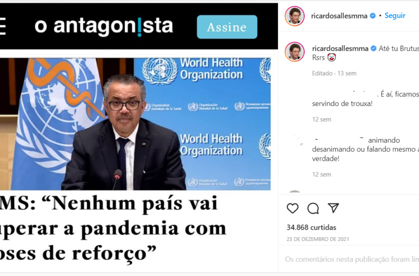 Ex-Ministro descontextualiza fala de Diretor da OMS para descredibilizar doses de reforço